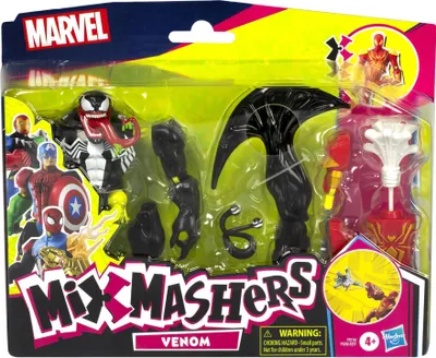 A toy action figure packaging for Marvel's Venom, showing the figure and its accessories.