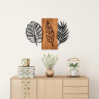 Obrázek produktu pro Wallity, Triple Leaves - 384, nástěnná dekorace, ořech, kov, 58 x 80 cm