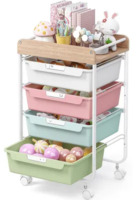 Rollwagen mit 4 Schubladen, Kunststoff, Holzplatte, 38,8x30,6x78 cm