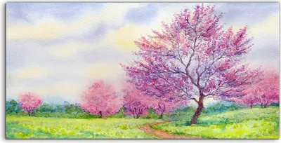 Produktbild von Coloray Acrylbild 140x70  Wandbild Acrylbilder Frühlingslandschaft Blühender Baum