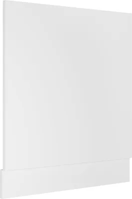 A white dishwasher front panel with a baseboard.