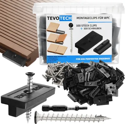 Immagine prodotto di Set di montaggio Tevotech per pannelli da decking 6 mm WPC 100 clip + viti