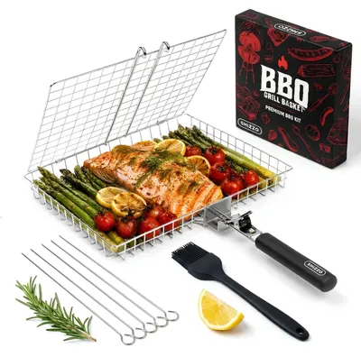 Produktbild von Grillkorb Set, Edelstahl, zusammenklappbar, für Camping, Grillzubehör