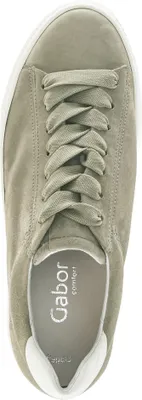A top-down view of a green sneaker with white laces and a white sole.