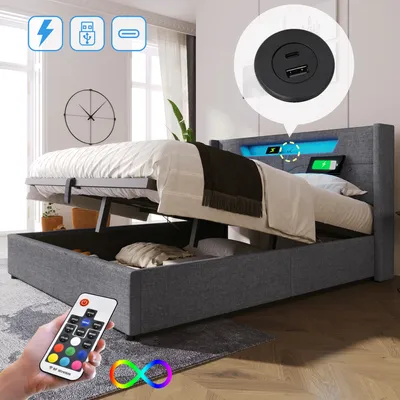 Produktbild von MODFU Boxspringbett Hydraulisches 140 x 200 cm mit LED-Beleuchtung, Polsterbett Funktionelles mit USB-Ladeanschluss, Doppelbett Stauraumbett mit Bettkasten Stauraum, Leinenmaterial Grau(Ohne Matratze)