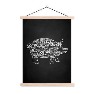 Produktbild von MuchoWow® Textilposter Küche - Schwein - Fleisch 60x80 cm mit holzfarbenen Rahmen - Wandbild
