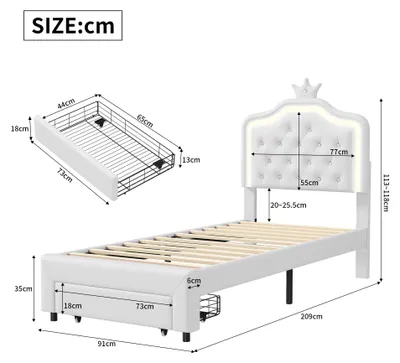 Immagine prodotto di Letto per bambini - Struttura del letto imbottita - Illuminazione a LED - Cassetti - Poggiatesta regolabile a forma di  - Ecopelle - Bianco, 90 x 200 cm