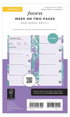 Obrázok produktu pre Vložka do diára FILOFAX 2025 Personal, 1 týždeň – 2 strany, kvetinový vzor, biela, viacjazyčná, 25-6341