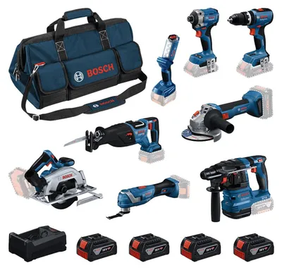 Zdjęcie produktu dla Zestaw BOSCH 18 V (GBH18V-22+GWS18V-8+GDR18V-215+GSB18V-65+GKS18V-57-2+GSA18V-28+GOP18V-34+GLI18V-300+4x5,0Ah+GAL12V/18V-80+torba)