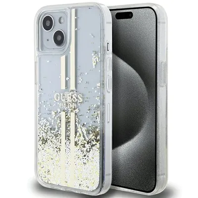 Zdjęcie produktu dla Etui Guess Liquid Glitter Gold Stripes do iPhone 15 Plus przezr.
