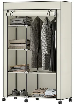 Produktbild von HOMCOM Kleiderschrank Stoffschrank mit Rollen, 6 Ablagen, Kleiderstange Creme