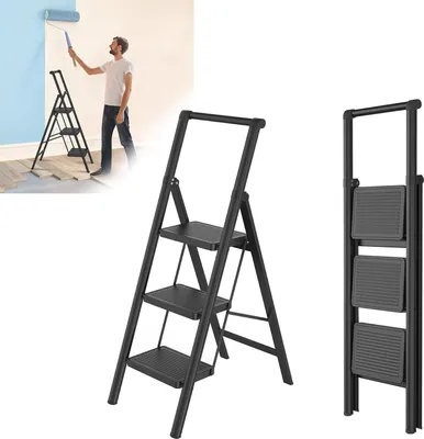 A collage showing a person painting a wall with a ladder and a separate image of a folded ladder.