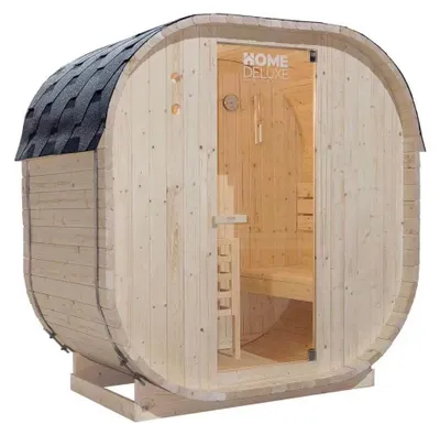 Produktbild von HOME DELUXE - Outdoor Sauna CUBE M - Maße: ca. 194 cm x 195 cm x 120 cm, Holz: Fichtenholz - inkl. Saunaofen und Saunazubehör I Gartensauna, Außensauna, Sauna Fass für 2 Personen