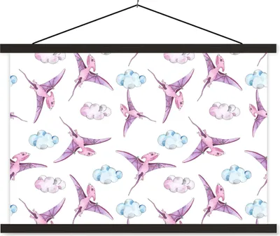 Produktbild von MuchoWow® Textilposter Kinderzimmer - Wolken - Dinosaurier - Mädchen - Kinder - Rosa - Kind 150x100 cm mit schwarzem Rahmen - Schlafzimmer