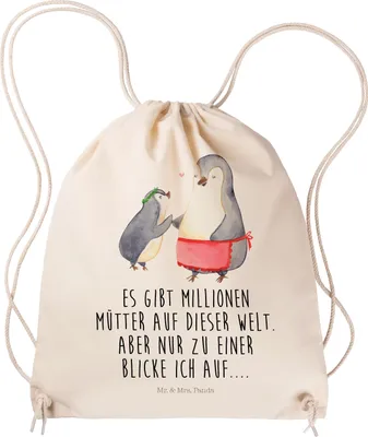 Produktbild von Mr. & Mrs. Panda gym tasche Pinguin mit Kind - Transparent - Geschenk, Rucksackbeutel, Mutter, Tochter, Muttertag, wander rucksack, Mama, gymnastiktasche, Familie