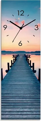 Produktbild von ARTland Glas Wanduhr Funkuhr - schwarzer Zeiger Langer Pier am See im Sonnenaufgang Größe: 20x60 cm