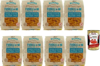 Produktbild von Rummo Fusilli No.48 Glutenfreie Pasta aus Vollkornreis & Mais 8x400g, Bronze-Die, italienische Qualität, perfekt bissfest & saucenbindend + Italian Gourmet polpa