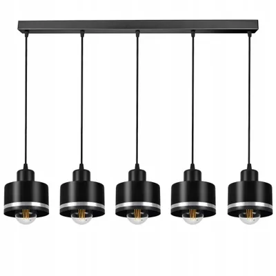 A product shot of a black and silver five-light pendant chandelier.
