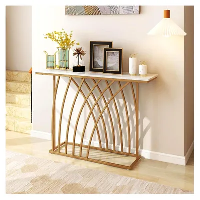 Produktbild von Konsolentisch aus Marmor, schmaler Eingangstisch, Flurtisch mit Metallgestell, moderner Beistelltisch für Schlafzimmer und Wohnzimmer, 120 x 30 x 80 cm, Gold und Weiß