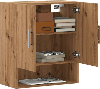 A wooden cabinet with open doors, displaying shelves with books and boxes.