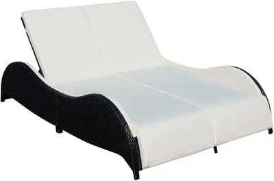 Productafbeelding van Dubbele ligbed van riet met kussens, 2-persoons tuinligbed met verstelbare rugleuning, rieten ligbed voor tuin en terras, 200 x 132 x 45 cm, zwart