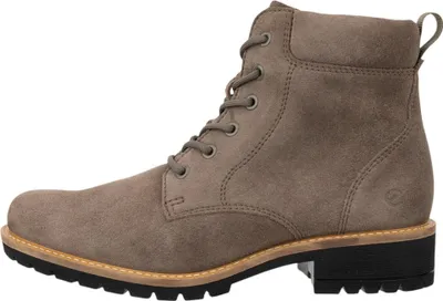 A side view of a brown suede boot.