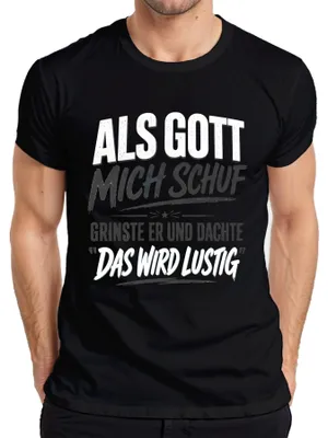 Zdjęcie produktu dla T-shirt męskie "Kiedy Bóg mnie stworzył, uśmiechnął się", czarny, rozmiar XXL. (Styl: sarkastyczny, retro)
