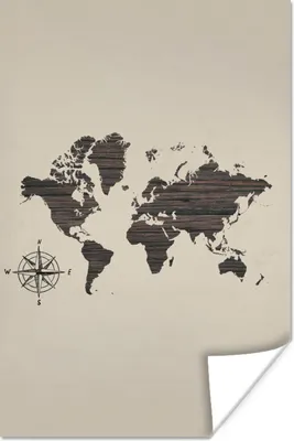 Produktbild von MuchoWow® Poster Weltkarte - Holz - Kompass 120x180 cm - Kunstposter