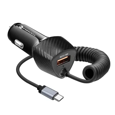 Immagine prodotto di FORCELL Caricabatterie da auto USB al carbonio QC 3.0 18W + cavo tipo C 3.0 PD20W CC50-1AC Nero (Totale 38W)