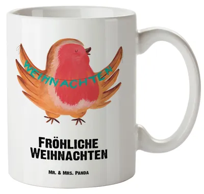 Produktbild von Mr. & Mrs. Panda Pott Rotkehlchen Weihnachten - Weiß - Geschenk, Jumbo Tasse, Weihnachtsmotiv, Vogel, jumbotasse, Weihnachtsgruß, Haferl, Heiligabend, Riesenkaffeetasse