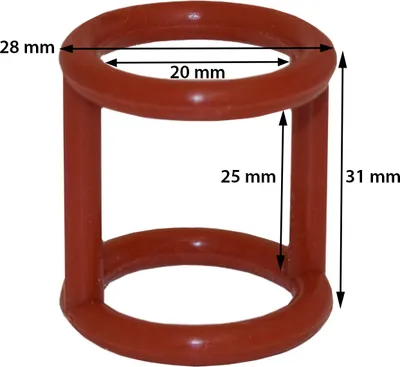 A red silicone gasket for a soft-serve ice cream machine, with dimensions indicated by measurement lines and text.