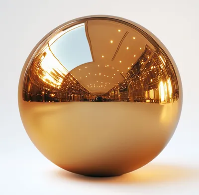 A highly polished, gold-colored sphere reflecting a long, well-lit interior space with a high ceiling and numerous lights.