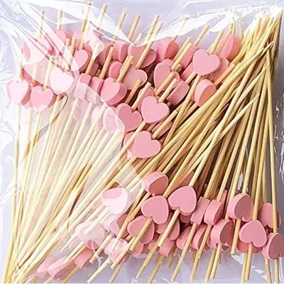 Immagine prodotto di Spiedini per cocktail in legno, 100 pezzi, forma a cuore rosa, 12 cm