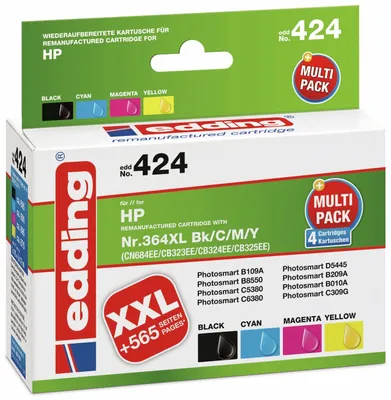 The image shows the retail packaging of an Edding multipack of HP ink cartridges.
