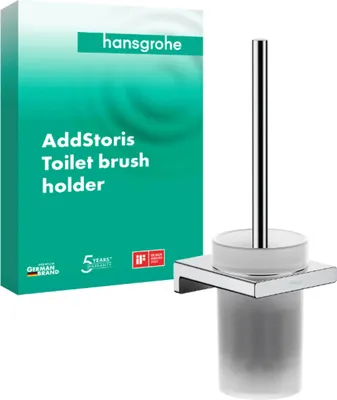 The image shows the packaging of a Hansgrohe AddStoris Toilet brush holder, with the product itself also visible to the right.