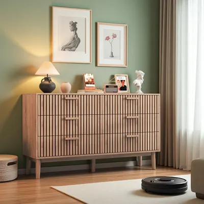Obrázok produktu pre Komoda INONEFT s 6 zásuvkami, drevená komoda, úložná skrinka, vhodná do spálne a obývačky, rozmer 34x100x73 cm, farba prírodného dreva