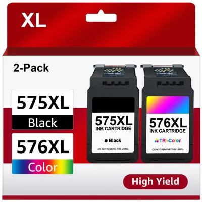 The image shows the packaging of two ink cartridges, one black and one color, with labels indicating their model numbers and types.