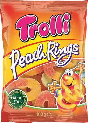 Produktbild von Trolli Peach Rings Halal saures Fruchtgummi mit Schaumzucker 100g