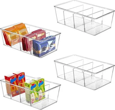 Produktbild von Unyqoos® 4er-Set stapelbare Küchen-Organizer, transparent 26×15×8 cm, BPA-frei, mit herausnehmbaren Trennwänden – Aufbewahrung für Gewürze, Teebeutel & Snacks