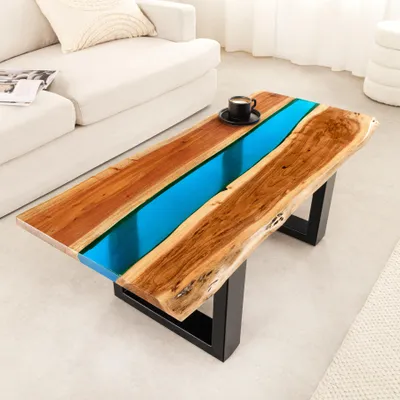 Produktbild von riess-ambiente Massiver Couchtisch LIQUID 110cm braun Akazienholz Baumkante schwarz Eisen blau Beistelltisch Ablagetisch Tisch