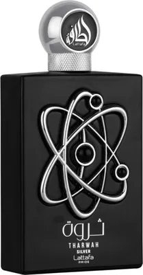 A black perfume bottle with silver accents and an atomic symbol design.