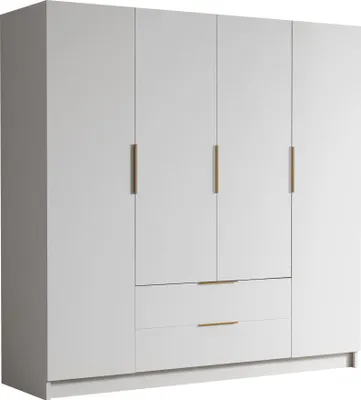 Produktbild von MIRJAN24 Kleiderschrank Sofia I 200, Schlafzimmer, Drehtürenschrank, mit Kleiderstange, Modern, Garderobenschrank, Metallgriffe (Farbe: Weiß + Gold)