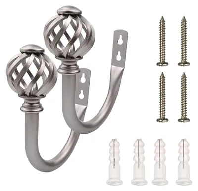 Produktbild von Set mit 2 Gardinenhaltern – Haken – Schleifen – Raffhalter – Gardinenhaken, Wandhalterung aus Metall, silber
