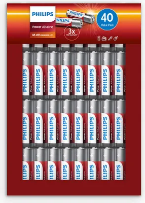 A retail package of Philips AA alkaline batteries.