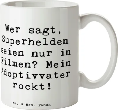 Produktbild von Mr. & Mrs. Panda Teetasse Spruch Adoptivvater Superheld - Weiß - Geschenk, Adoption, kaffeetasse bedruckt, Familienliebe, Weihnachten, Familienstruktur, haferl, Familie