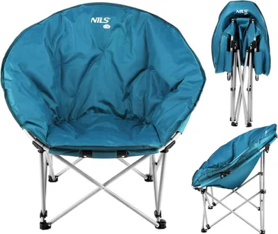 A teal camping chair is shown in three different views: fully open, folded, and partially folded.
