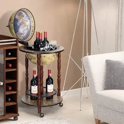 Image de Bar en forme de globe terrestre - Support à vin en bois - 45x45x88 cm - Bois d'eucalyptus - Monté sur roulettes - Style vintage