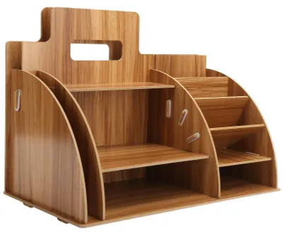 Imagen del producto de Organizador de escritorio de madera, innovador, para cosméticos y material de oficina, con estante de almacenamiento. Color: madera de cerezo