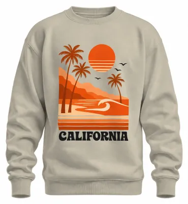 Imagen del producto de Sudadera con cuello redondo, estilo retro, con motivos de palmeras, atardecer y surf, diseño de la costa oeste, color natural, talla XXL
