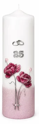 Produktbild von Hochzeitskerze Stumpenkerze mit Rosenmotiv (Bordeaux) mit Namen & Datum